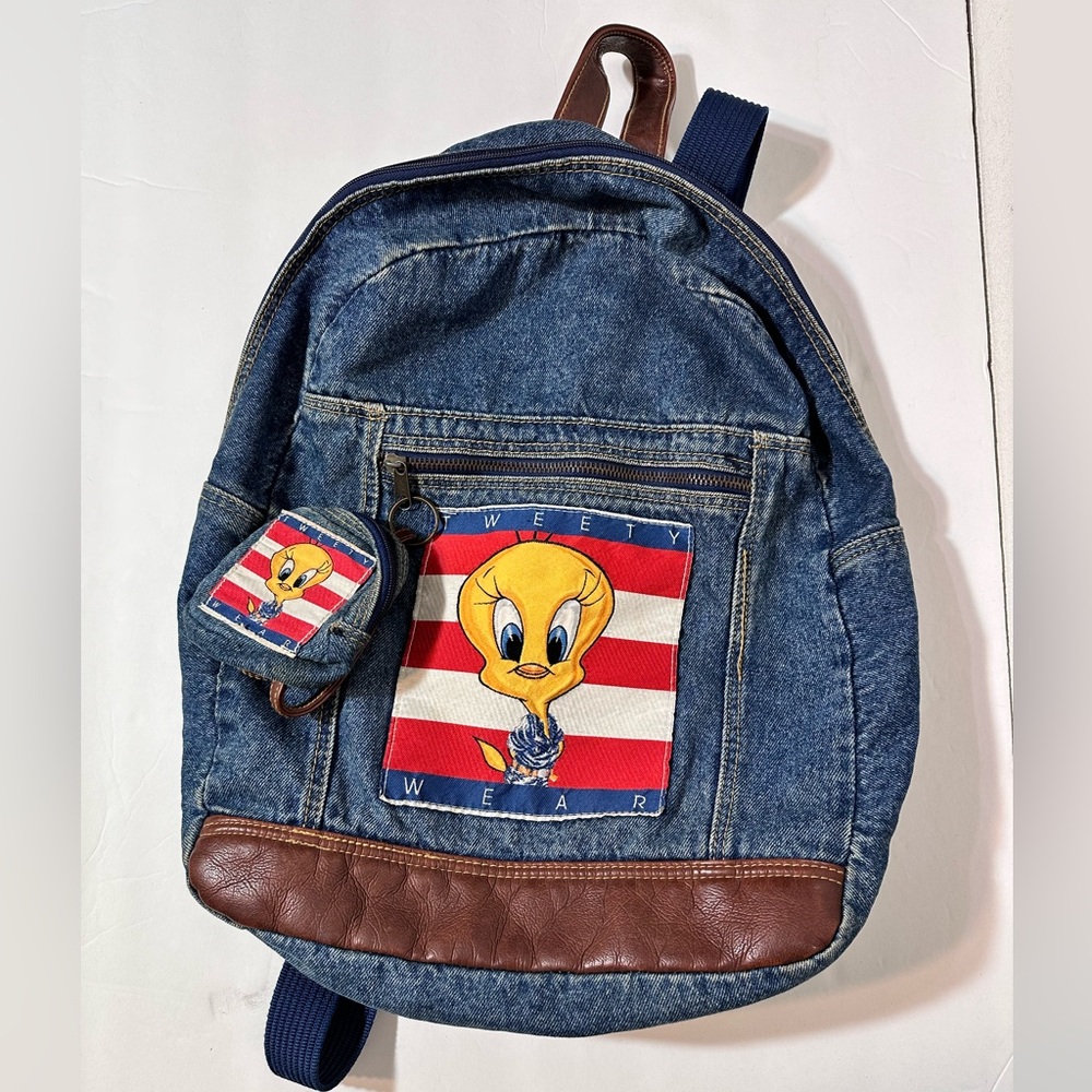Vintage Looney Tunes Tweety Bird Wear Denim Backpack With Mini Key Chain